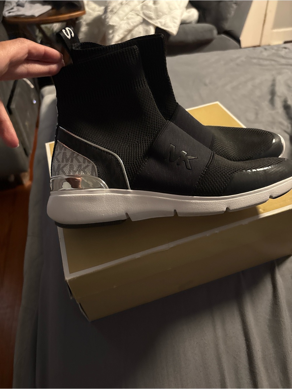 Michael Kors Black Knit High-Top Slip-On Sneakers with White Sole